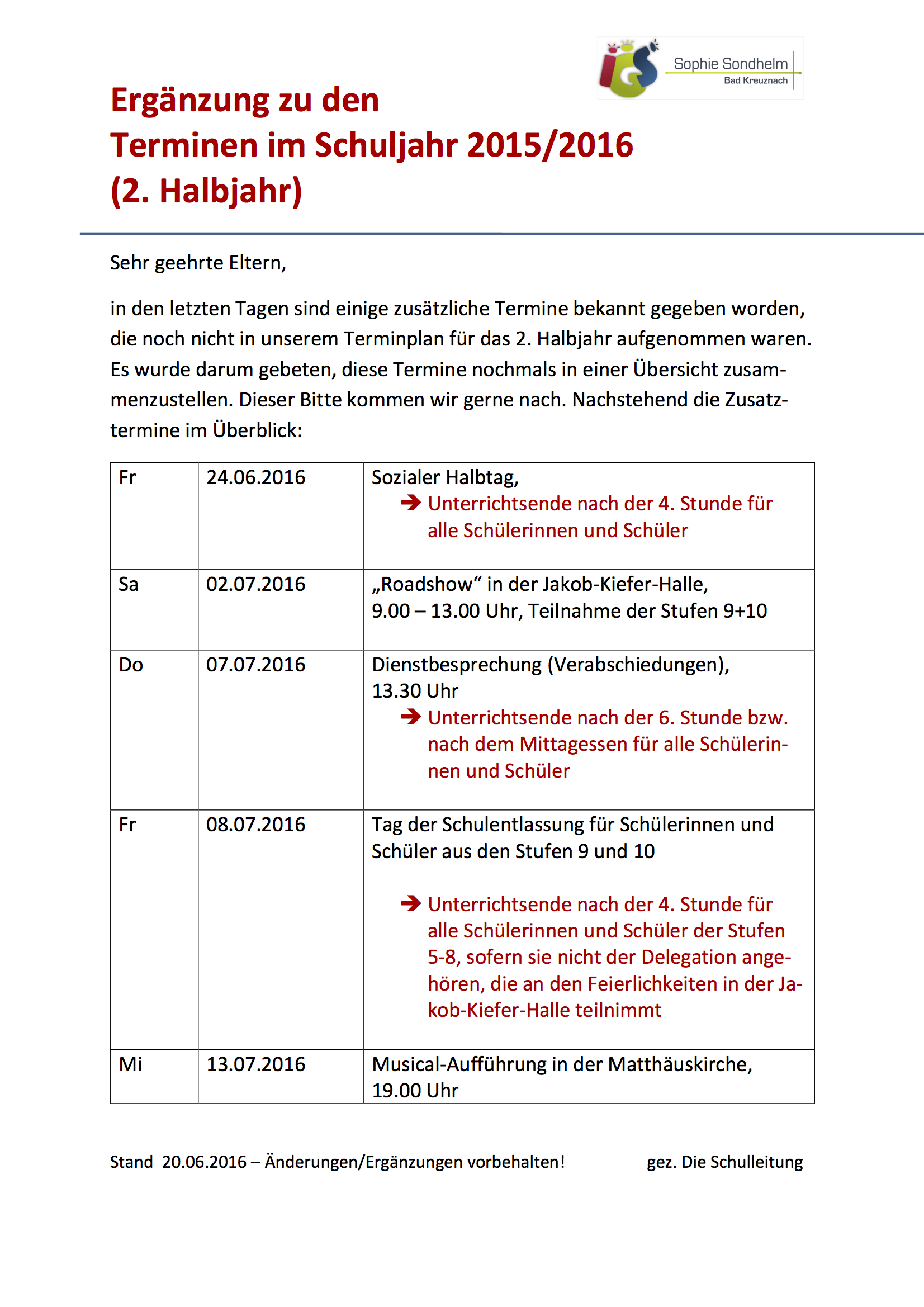 Ergänzung Elternterminplan 2. Halbjahr 15-16
